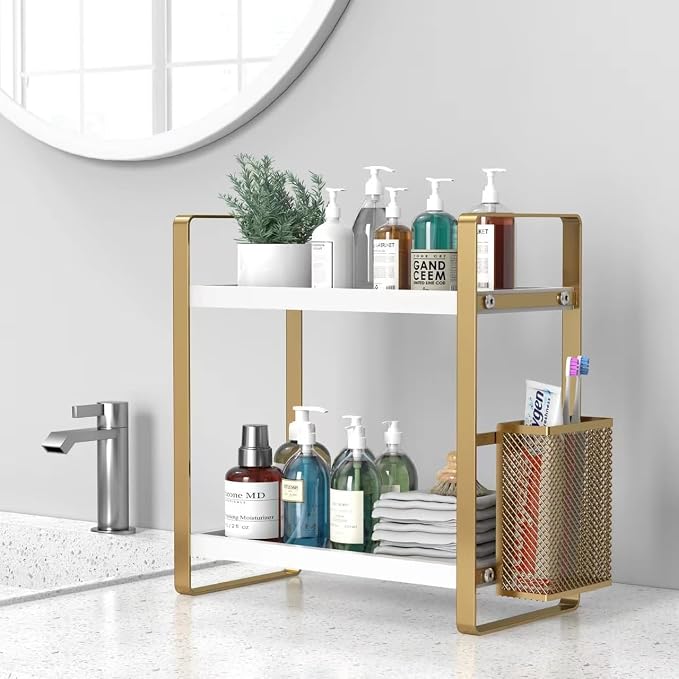 LEMIKKLE Bathroom Counter Organizer with Basket, Perfume,Makeup Organizers for Vanity,Storage Organizers for Bathroom, Kitchen, Dresser（White）