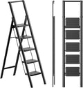 SOLADDER 5 Step Ladder, Folding Step Stool with Handgrip and Anti-Slip Wide Pedal, Portable Iron Stepladder for Kitchen, Home, Library, Office (300 lbs Capacity) - Black