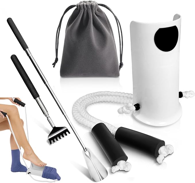 Sock Aid Device for Seniors and Shoe Horn Kit - Sock Helper Easy On and Off, Sock Assistant Device No Bending, Adjustable Extended Long Shoe Horn Back Scratcher for Senior