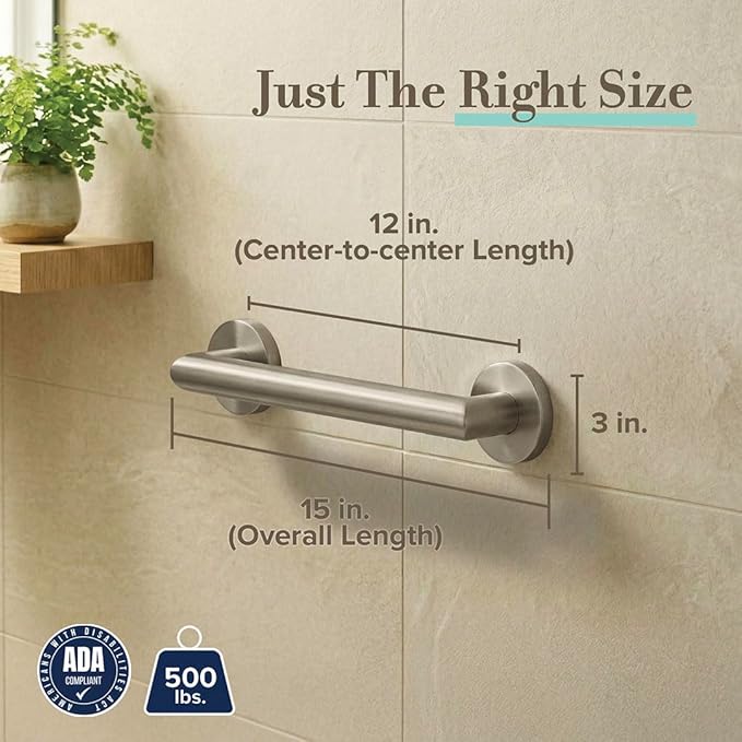 Gatco 970 Glam Shower Grab Bar, 12 Inch, ADA Compliant Stainless Steel, Satin Nickel, Wall Mounted Bathroom Handrail