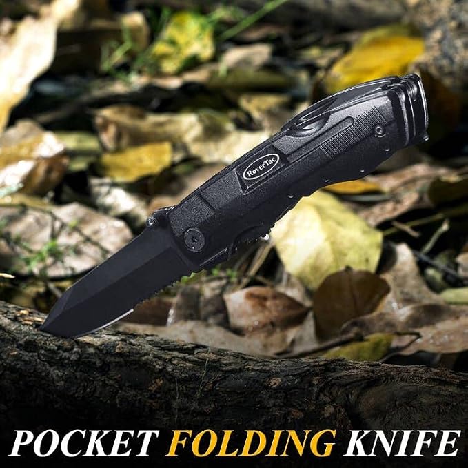RoverTac Pocket Knife, 15-in-1 Multitool with Pliers, Bottle & Can Opener, 9 Screwdriver Bits, Locking Mechanism & Nylon Sheath - EDC Multi Tool for Camping, Hiking & DIY, Gift for Men & Dad