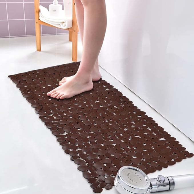 SONGZIMING Bathtub Mat Non Slip Pebble Bath Shower Mat with Drain Holes, Suction Cups Mat for Tub (16" W x 35" L,Brown)