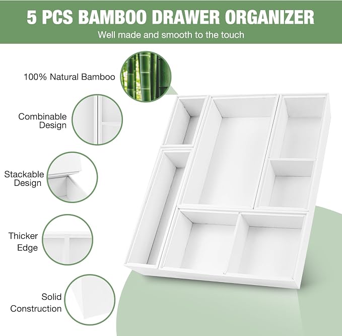 Bamboo Drawer Organizer,5 PCS White Bathroom Tray&Desk Organizers and Storage,Cabinet Divider With Removable Silverware Organization for Kitchen,Utensils,Junk,Office,Makeup