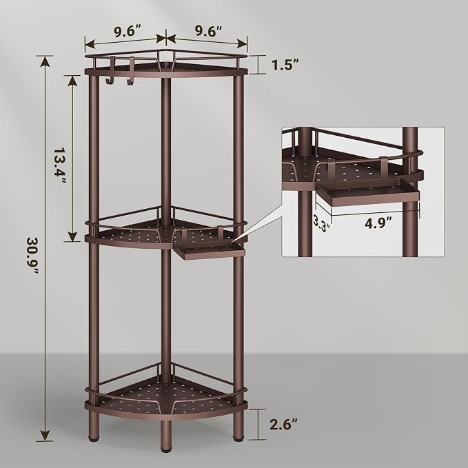 ELYKEN Corner Shower Caddy Standing, 3 Tier Rustproof Metal Shower Organizer with Soap Holder, Floor Shower Corner Shelf Rack Storage Stands with Adjustable Feet & 2 Hooks for Bathroom, Bronze