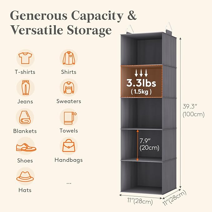 Lifewit 5 Tier Hanging Closet Organizer and Storage for Shelves, Foldable Clothes Shelf with 2 Sturdy Hooks, Sweater/Coat/Shoes Clothing Organization for Wardrobe, Dorm, Bedroom, Gray