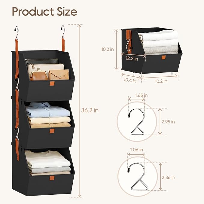 Homsorout Collapsible Hanging Closet Organizer - 6 Tier Closet Shelves Storage System with Hooks, Fabric Hanging Storage Bins for Clothes, Foldable Storage Basket for Laundry, Bedroom, Rv, Black