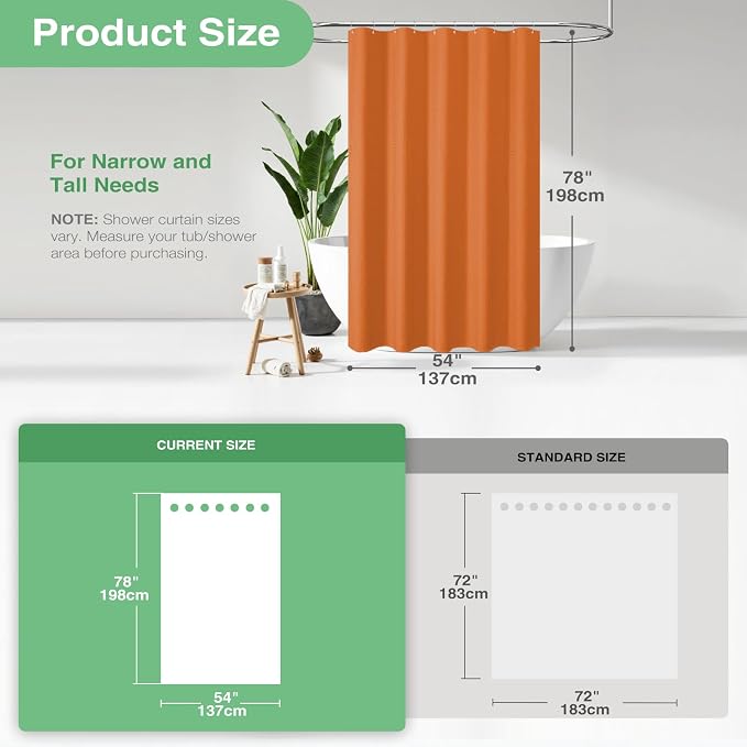 Dynamene Stall Fabric Shower Curtain - 54x78 inch Long Waffle Weave Weighted Thick Cloth Shower Curtains for Bathroom, Heavy Duty Hotel Spa Luxury Bath Curtain Set with 10 Plastic Hooks, Burnt Orange