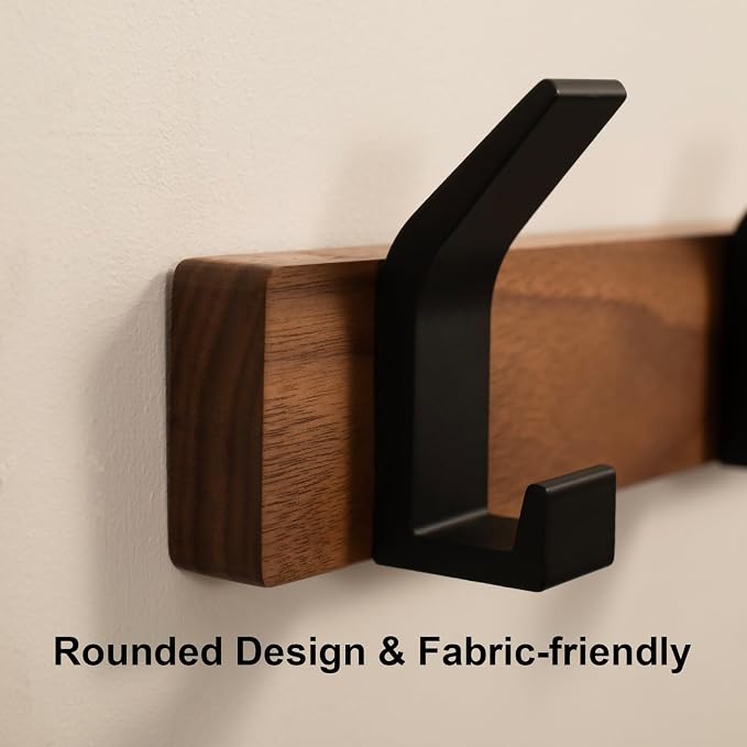 Coat Rack Wall Mount - 15.7 Inches Walnut Wood Coat Hooks Coat Rack Wall Mount with 4 Hooks Black Aluminum Coat Hooks for Hanging Coat Hat Bag Hat Rustproof Coat Hanger