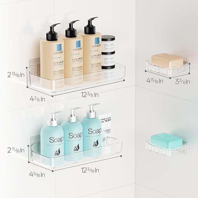 Sotfamily Clear Shower Caddies with Soap Dish & Adhesive Pads, 2 Packs | Acrylic Wall Mounted Shower Shelves for Bathroom Organizers and Storage, No Drill for Bathroom Decor