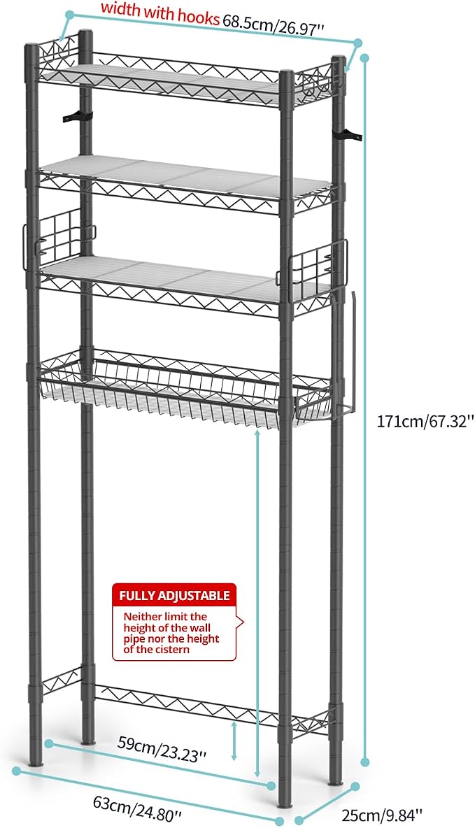 Hodonas 4-Tier Over The Toilet Storage, Adjustable Over Toilet Bathroom Organizer Rack, Freestanding Bathroom Shelves Above Toilet Storage, Sturdy Bathroom Space Saver with Basket and Shelves, Gray