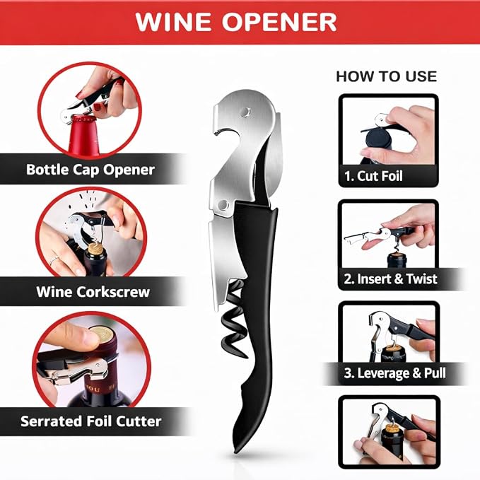 4-in-1 Multi-Function Bottle Opener Set for Jars, Bottles and Wine with Non-Slip Grip (Black + Red)