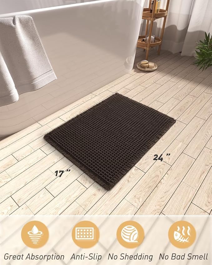 AMOAMI Upgraded Waffle Bath Mat, Super Absorbent Non Slip Bath Mats for Bathroom Floor, Washable Bathroom Rugs with Tassels, Rubber Backed Bathroom Mats, Ultra Soft, 17" x 24", Chocolate