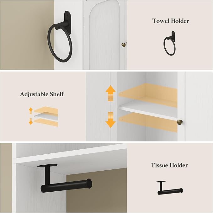 7-Tier L-Shaped Over the Toilet Storage Cabinet with Doors, 2 Large Drawers, Tissue Holder & Towel Holder, Bathroom Over Toilet Storage Cabinet with Adjustable Shelf for Bathroom, White
