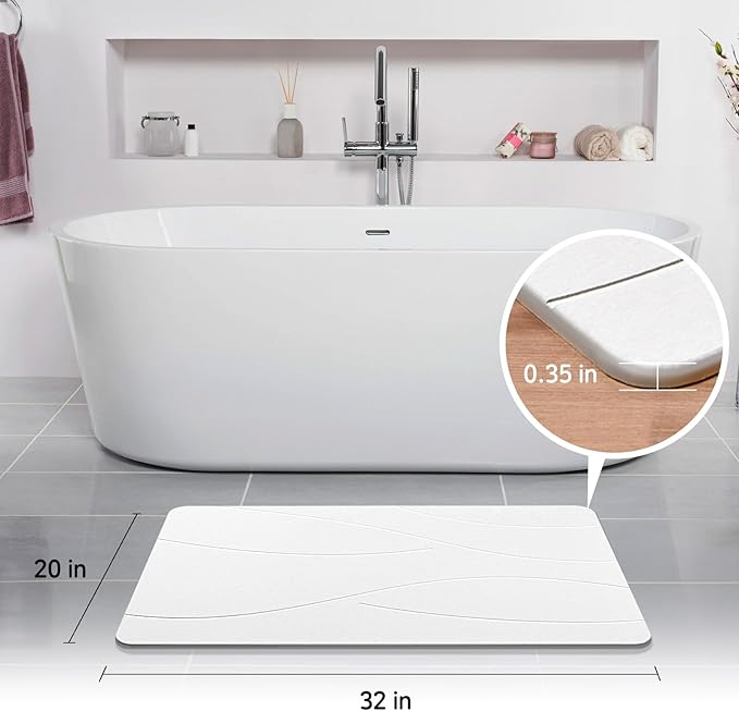 32"x20" Stone Bath Mat 2Pack, Diatomaceous Earth Shower Mat, Non-Slip Super Absorbent Quick Drying Bathroom Floor Mat, Natural, Easy to Clean (Milky White)