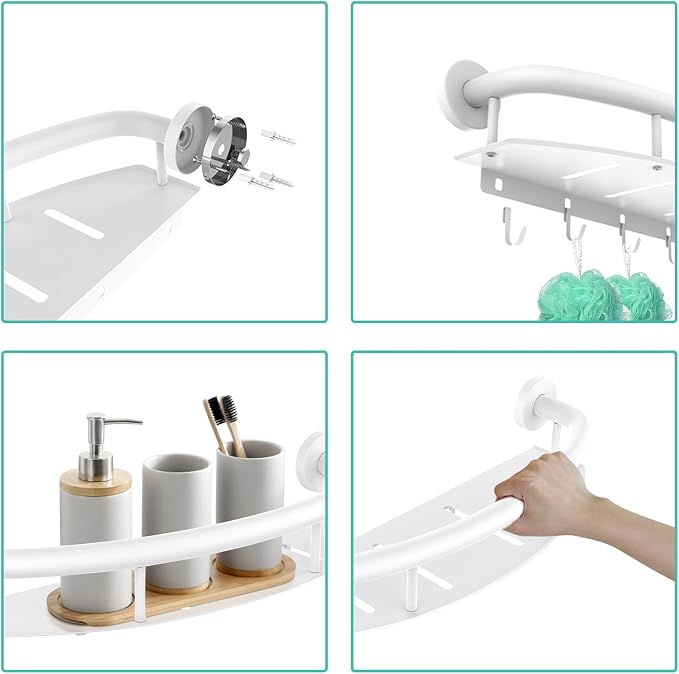 White 18-inch Safety Grab Bar with Storage Shelf for Bathtub or Shower, Drainage Holes, Stainless Steel, Wall Mounted Grab Bars for Elderly Injured Balance Support