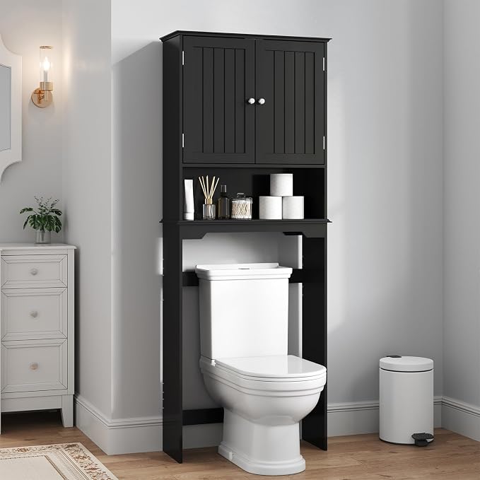 DUMOS Over the Toilet Storage Cabinet, Bathroom Storage Cabinet Over Toilets with Double Doors and Adjustable Shelf, Freestanding Toilet Rack for Bathroom, Black