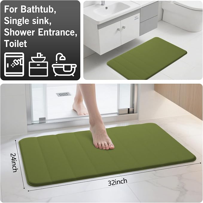 RUN HELIX Bathroom Rugs Set 2 Piece Memory Foam Bath Non-Slip Bath Mat,Washable Room Mats,Absorbent Shaggy Rugs Super Soft Kitchen Mats, Batroom Carpets for Bathroom,Tub,Shower Home Decor（Green）