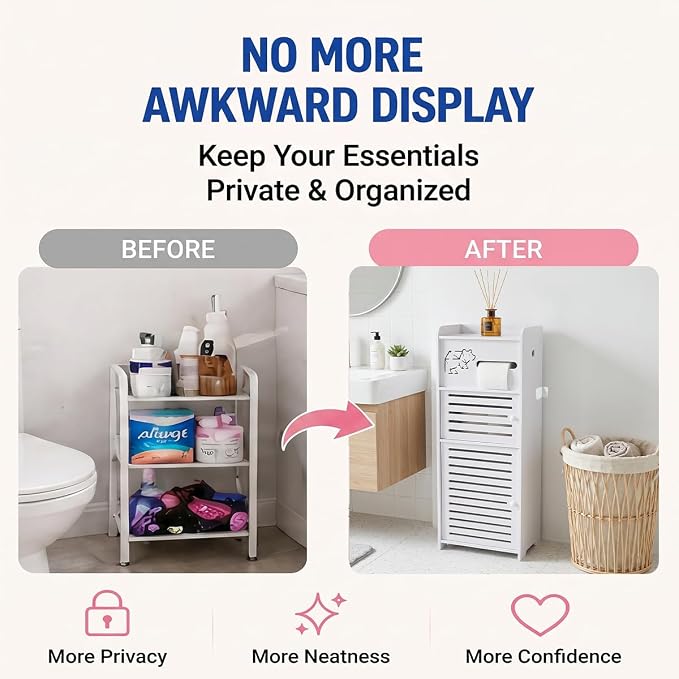 BorealBear Slim Bathroom Storage Cabinet with Louvered Doors for Women, Narrow Freestanding Floor Cabinet to Store Pads Tampons Toiletries, 3-Tier Large Moisture-Resistant Organizer Small Space