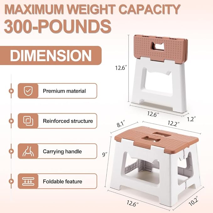 9'' Folding Step Stools for Kids and Adults, Hold Up to 300 lbs, Portable Foldable Step Stool for Toddlers, Plastic Small Collapsible Stepping Stools with Handle for Kitchen Bathroom (Khaki)