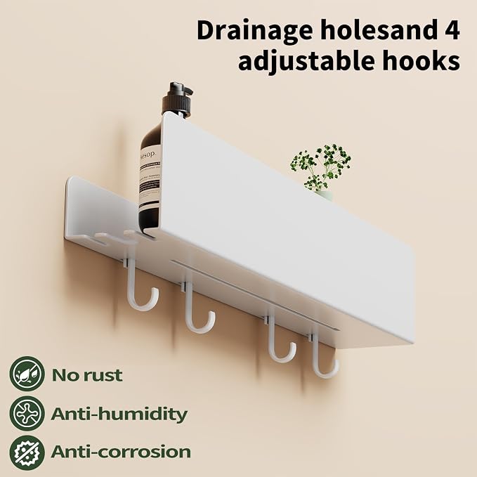 REKITA No Drill Shower Shelf Organizer, 40cm Stainless Steel Bathroom Storage with 4 Removable Hooks, Adhesive Wall Mounted Shower Caddy, Rustproof Bath Shelf for Bathroom Kitchen Living Room