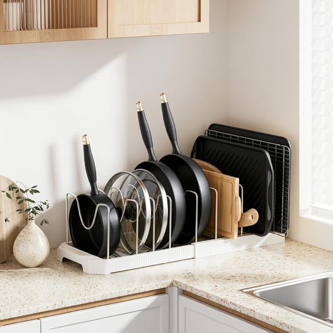 MUDEELA Pots and Pans Organizer under Cabinet, Pot Rack with Expandable Pot Lid Organizers Holder for 10 Adjustable Dividers, Pan Organizers inside Cabinet for Pan Lids, Cutting Boards, Baking Sheets