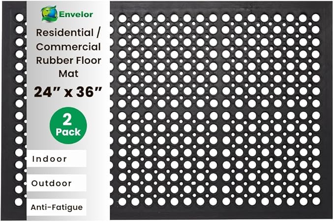 Envelor 2 Pack Anti Fatigue Mats for Kitchen Floor, Rubber Bar Mats, Non Slip Commercial Floor Mat with Drainage Holes, Indoor Outdoor Rubber Mat for Restaurant, Garage, Entryway 24 x 36 in