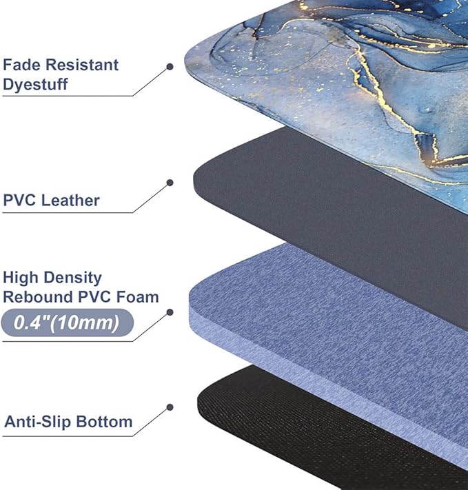 Mrcrypos Set of 2 Blue and Gold Marble Kitchen Mats PVC Leather Waterproof Non Slip Cushioned Standing Mats Anti Fatigue Kitchen Comfort Mats for Floor,Sink,Laundry,Office 17"x29"+17"x47"