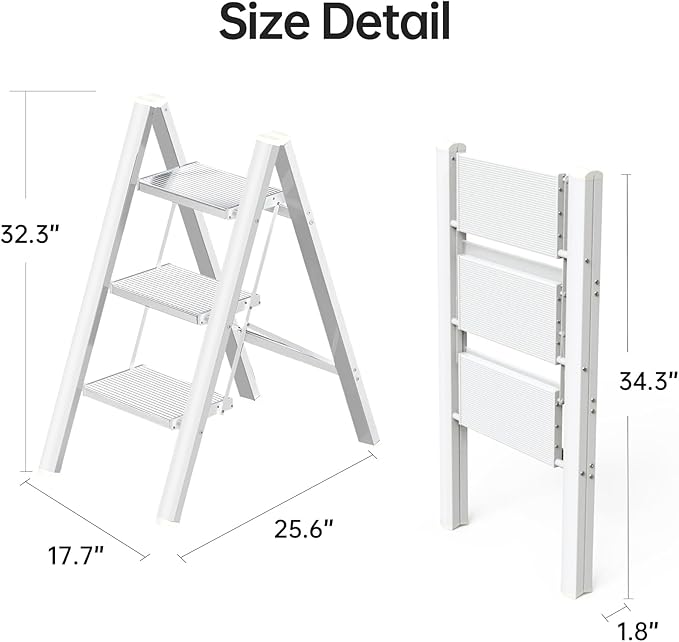 Aluminium 3 Step Ladder Folding Stool-330lb Capacity Ladders with Anti-Slip Wide Pedal Portable Kids/Adults, Lightweight Ladder, Portable Multi-use Scene for Home/Kitchen/Office/Garden/Yard