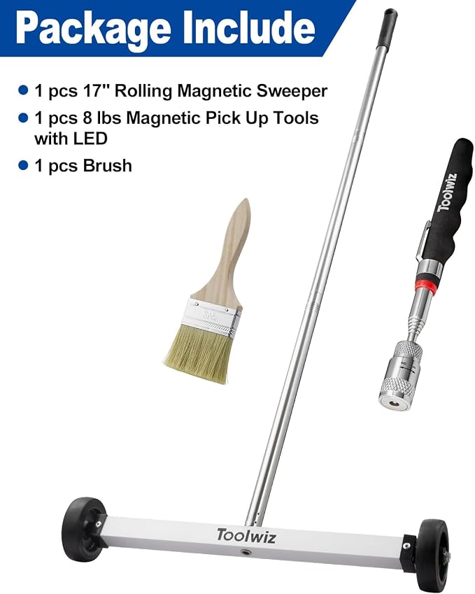 Toolwiz 17" Rolling Magnetic Sweeper 10lbs, with 8 lbs Telescopic Magnetic Pick Up tools with LED light–Lightweight Pick-up Sweeper with Wheels for Nails, Screws & Metal Debris Home Use Workshop