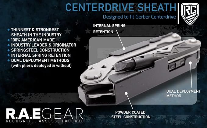 RAE Gear - Center-Drive Sheath Belt Clip Holster Compatible with Gerber Centerdrive Multitool (Tool & BITS NOT Included) (2.25" Belt Clip - NO BIT KIT Attachment)