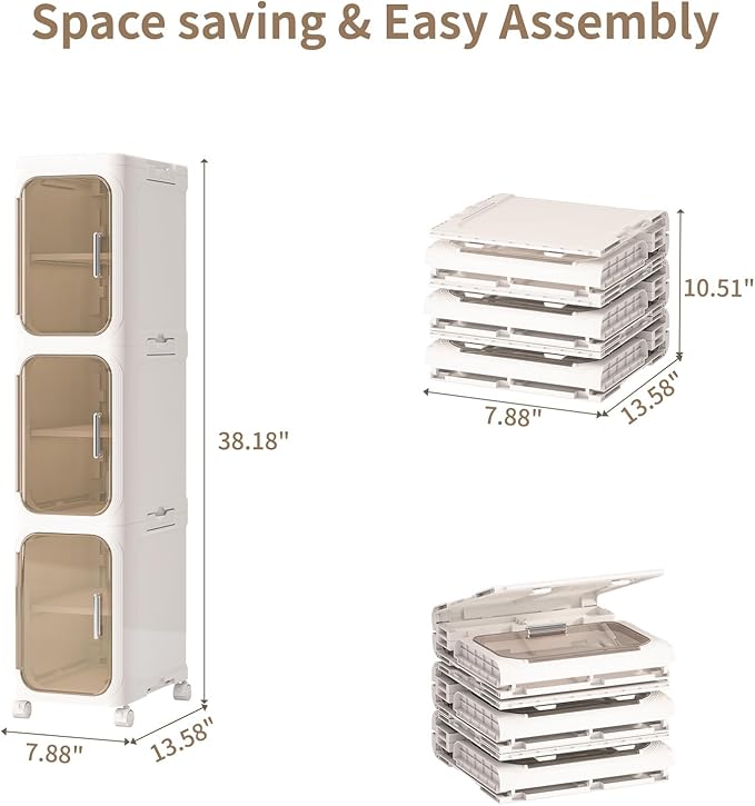 3-Tiers Slim Bathroom Storage Cabinet, Foldable Storage Cabinets,Narrow Bathroom Storage,Movable Bathroom Storage Organizer for Small Spaces,Bathroom,Kitchen,Laundry, Beige
