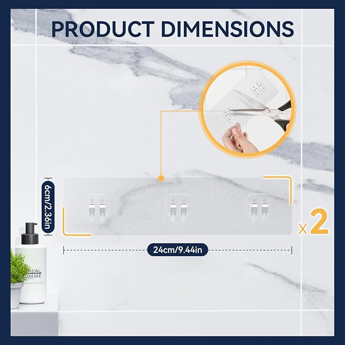 YASONIC 2-Pack Shower Caddy Adhesive Replacement - Transparent Shower Adhesive Strips, No Drilling Hooks for Bath Storage Shelves, Kitchen Racks, Basket & Soap Holder