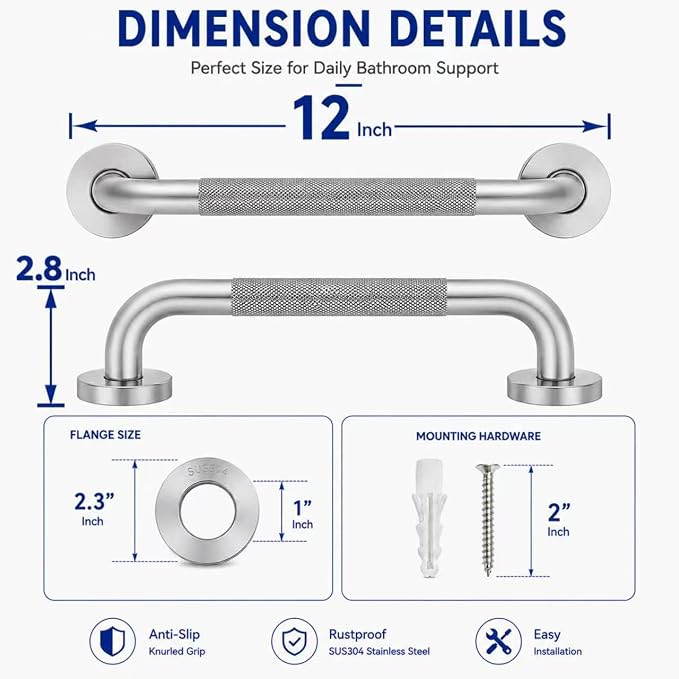 12 Inch Shower Grab Bar, Brushed Nickel Anti-Slip Bathroom Grab Bar with Knurled Grip, Stainless Steel Safety Handrail for Toilet Bathtub, Shower Handle Handicap Bars for Senior,Elderly,Pregnant