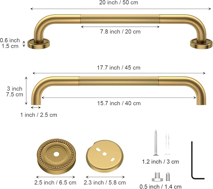 2 Pack 20 Inch Anti Slip Bronze Shower Grab Bar Polished Gold,ZUEXT Antique Brass Bathroom Grab Bar, Knurled Balance Bar,Safety Hand Rail Support Handicap Elderly Injury Senior Assist Bath Handle