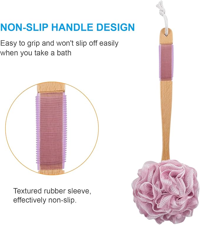 AmazerBath Shower Sponge Loofah Back Scrubber, PE Soft Mesh Loofah Body Scrubber with Long Wooden Handle, Bath Sponge for Men Women (Pink)