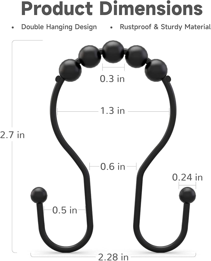 Bathway Shower Curtain Hooks Shower Curtain Rings Black Shower Curtain Hooks RustProof Smooth Metal Double Shower Curtain Hook, Shower Hooks for Shower Curtain Liner Bathroom Shower Rod Hook