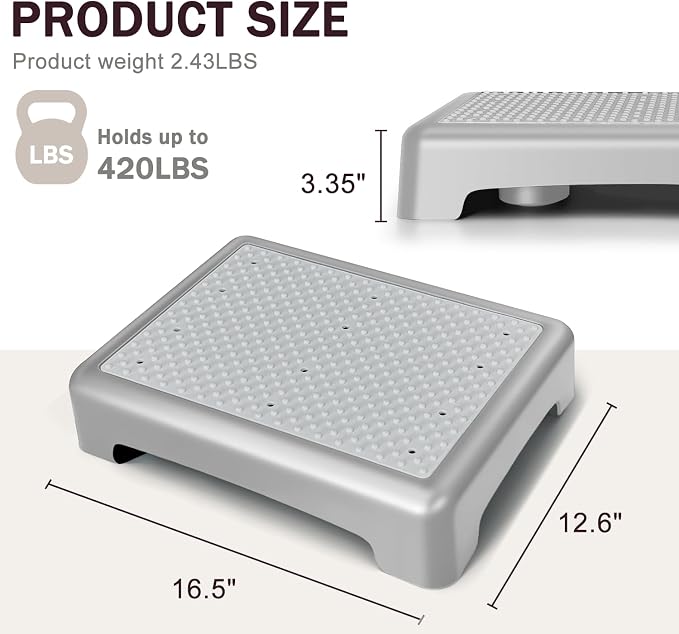 Bed Step for High Beds Adults - 3.35" Barefoot-Comfortable TPE Soft Pad Mobility Step Stool for Seniors & Post Surgery, 600lb Heavy Duty Anti-Flip Step for Car, SUV, RV & Bathroom (Grey-Grey)