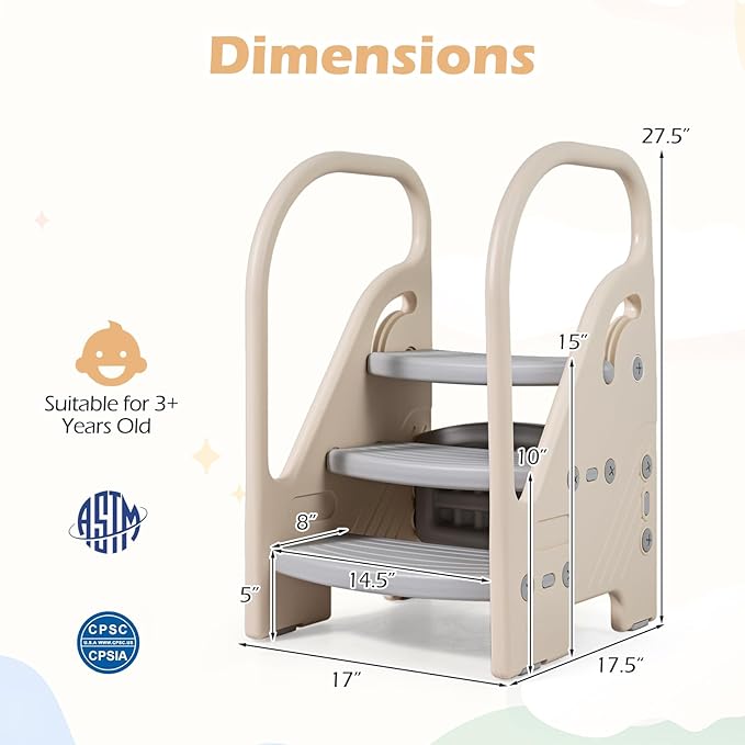 Costzon Toddler Step Stool for Bathroom Sink, Adjustable 3-Step Helper Stool for Kids with Non-Slip Pads, Plastic Ladder for Bedroom Kitchen Counter Potty Training (Grey, 17.5" L x 17" W x 27.5" H)