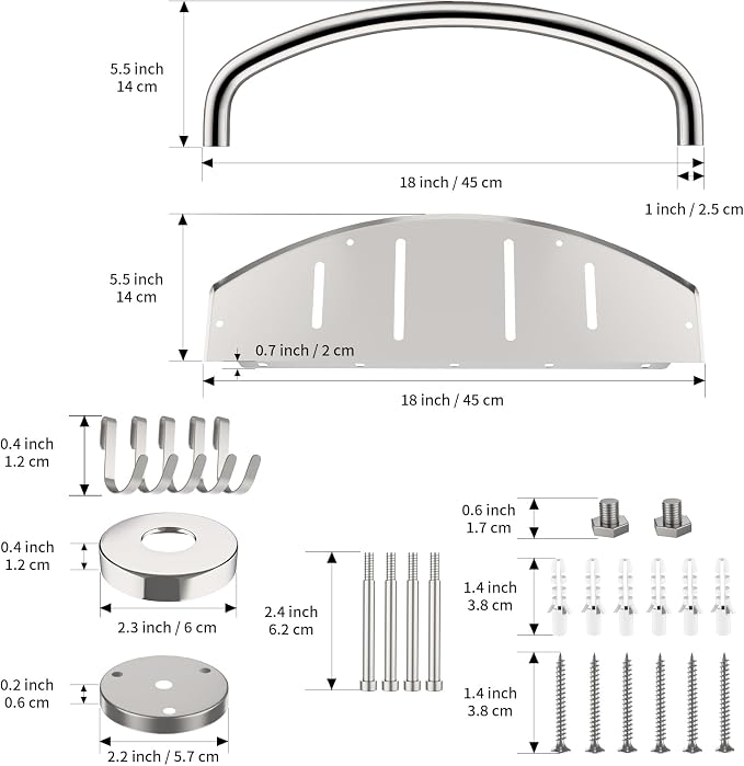 Polished Chrome Safety Grab Bar 18-inch with Storage Shelf for Bathtub or Shower, Drainage Holes, Stainless Steel, Wall Mounted Grab Bars for Elderly Injured Balance Support