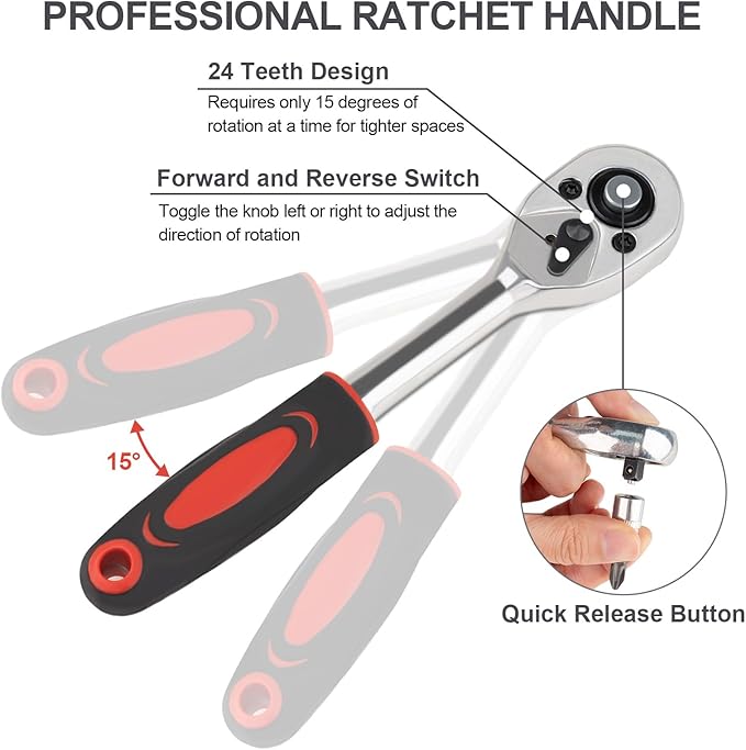 Beaiguna 46PCS Small Drive Socket Ratchet Wrench Screwdriver Set, 1/4 Inch Metric Socket and Ratchet Wrench Set with Extension Bar, Upgrade Compact Tool Set for Car