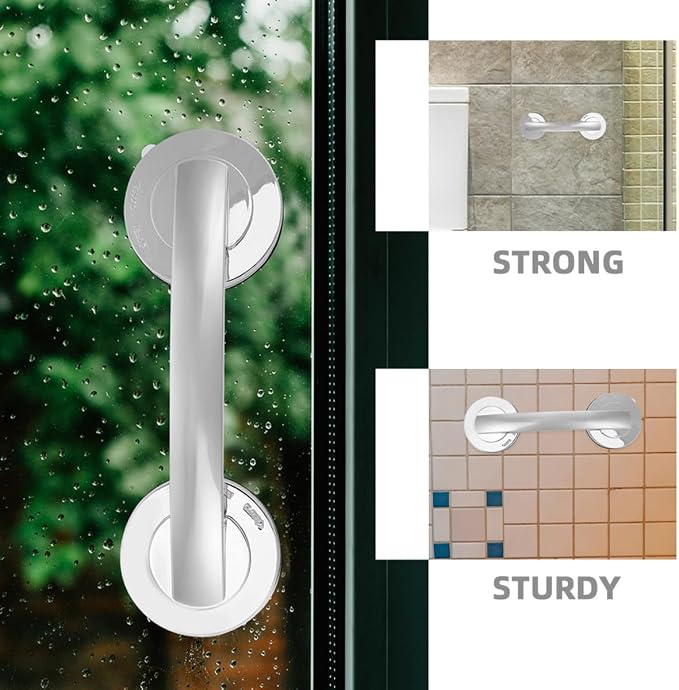 SHOWERORO 2pcs Silver Suction Cup Grab Bars for Bathroom Safety – Adhesive Stainless Steel Handles with Strong Hold, No Drilling Required, Removable Suction Handles for Shower and Glass