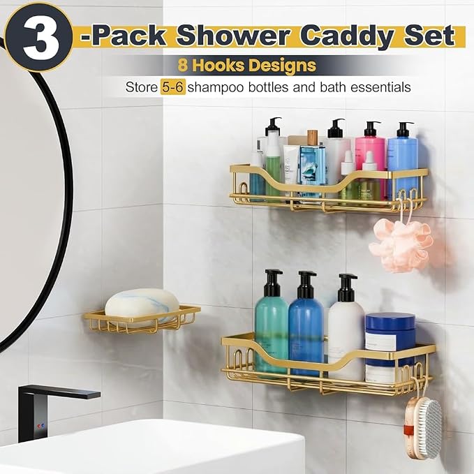 OMAIRA 3-Pack Shower Caddy with Soap Holder, Adhesive Rustproof No-drill Strudy Loading Inside Shower Organizer Shelves Rack Storage Bathroom Organization for Smooth Wall Glass Tile, (Gold)
