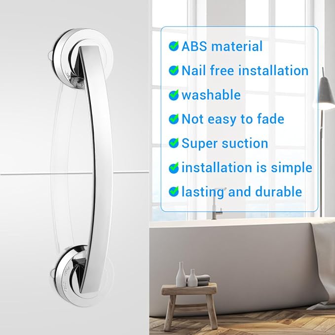 Cabilock Silver Suction Grab Bar for Shower & Bathtub – 12 Inch Chrome Finish Safety Handle, Drill-Free Balance Assist for Seniors, Elderly & Disabled, Portable Bathroom Support Grip
