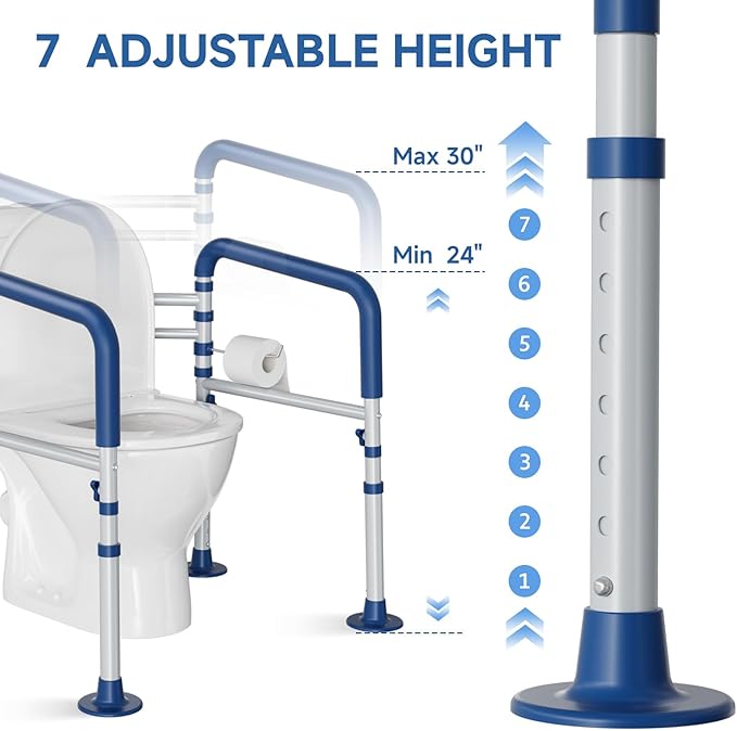 Loyoda Toilet Safety Rail for Seniors, 11.7lbs Steel, Rock-Solid Stability | Height & Width Adjustable,Foldable,Padded Armrests,Wide Non-slip Foot Pads,350 lb Capacity for Pregnant Women & Disabled,Blue