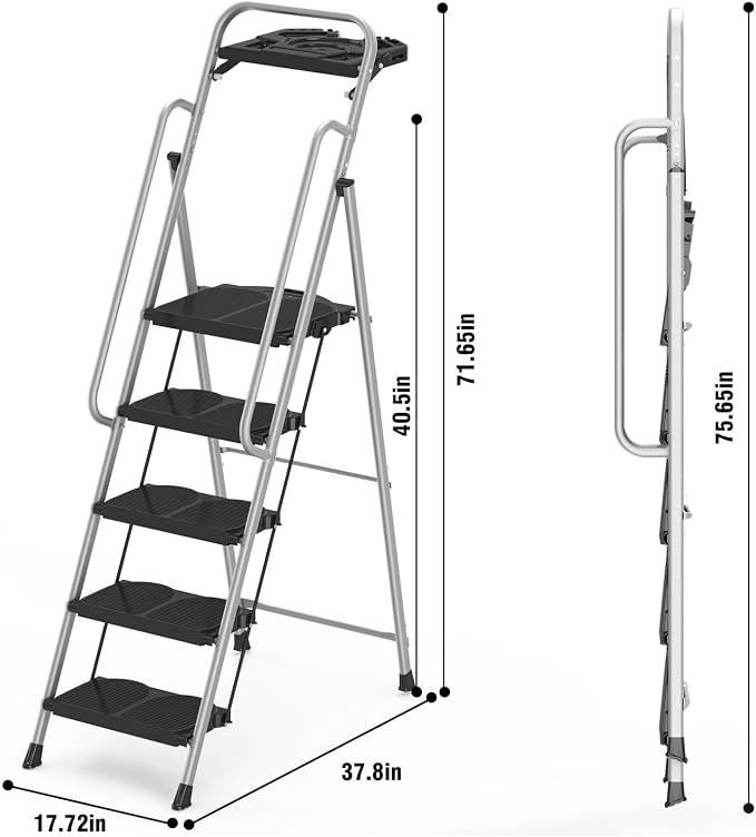 5 Step Foldable Step Ladder Stool with Roomy Tool Tray and Secure Handrail, Foldable Platform Ladder 5 Step Folding Stepstools with Wide Pedals and 800lbs Weight Capacity for Adults, Home, Kitchen