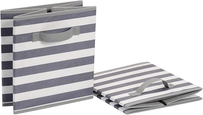 Amazon Basics Collapsible Fabric Storage Bins with Handles, Cube Organizer for Organizing, 13"x13"x13", White/Light Grey Stripe, 6-Pack