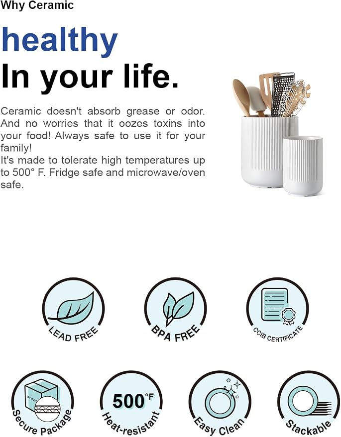 LE TAUCI Utensil Holder for Kitchen Counter, 7.3"+5.4" Fluted Ceramic Utensil Crock Organizer for Countertop, Heavy Large Holder for Spatulas, Spoons, Set of 2, White, Kitchen Counter Decor