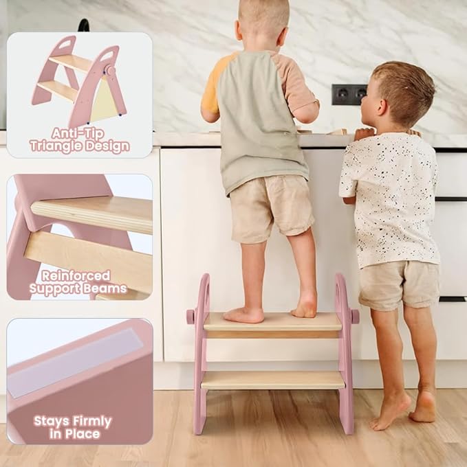 Wooden 2 Step Stool for Toddlers, Foldable 2-Step with Non-Slip Pads and Handles, Bamboo Step Stool for Kids Bathroom Sink and Potty Training, Kitchen Helper, Nursery Bedroom (Pink)