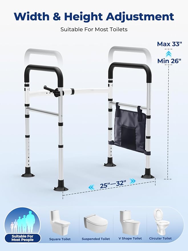 WHLICKS Toilet Safety Rails, Height & Width Adjustable Detachable Toilet Safety Frame for Seniors, Elderly & Disabled, Foldable Handicap Toilet Rails with Handles Storage Bag, Tissue Holder (350LB)