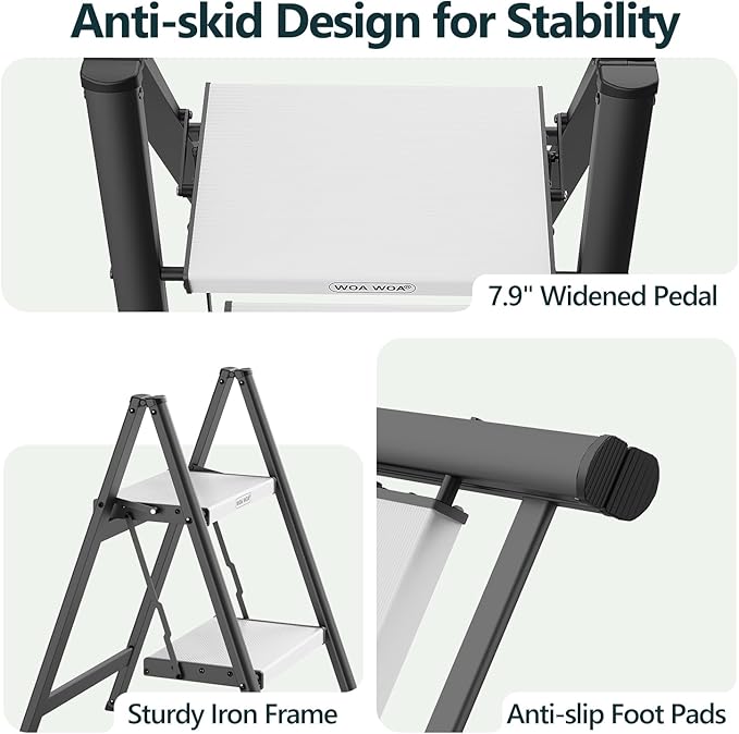 WOA WOA 2 Step Ladder, Folding Step Stool with Wide Non-Slip Aluminum Pedals, Stable and Portable, 330 lbs Capacity, for Home, Kitchen, Office - Black & White